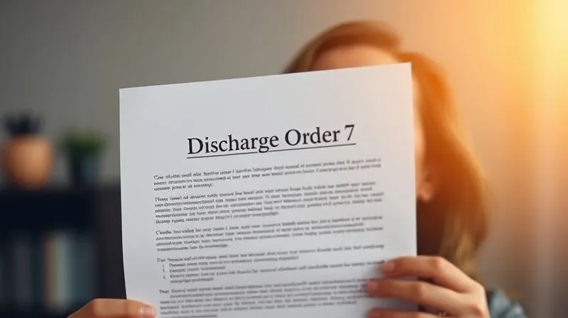 A photorealistic image of a legal document titled 'Chapter 7 Discharge Order' with a blurred background showing a person looking relieved and optimistic, bathed in soft, hopeful light. professional photography, 8K, cinematic lighting, sharp focus, depth of field, shot on a high-end DSLR