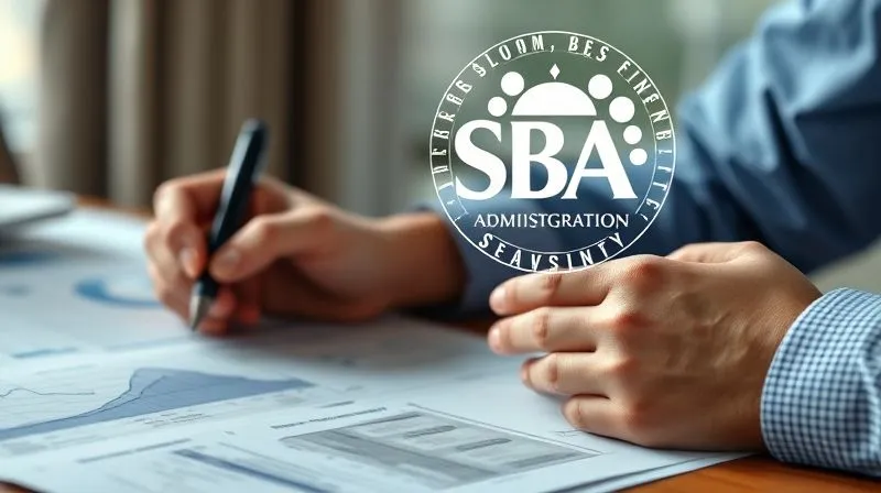 A photorealistic image of a person reviewing complex financial documents with a small business administration (SBA) logo subtly visible in the background, conveying the intricate nature of government-backed loans. professional photography, 8K, cinematic lighting, sharp focus, depth of field, shot on a high-end DSLR