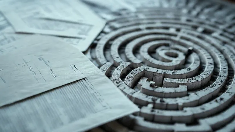 A photorealistic image of complex legal documents and a winding, intricate maze overlaid, symbolizing the challenging path to student loan discharge. Cinematic lighting, sharp focus on the documents, depth of field blurring the maze slightly. 8K hyper-detailed, shot on a high-end DSLR. Professional photography.