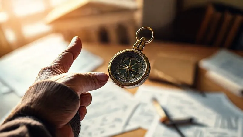 A photorealistic image of a weathered, wise hand holding a vintage brass compass, pointing clearly towards a distant, sunlit path. The background features blurred legal documents and a silhouette of a courthouse. Cinematic lighting, sharp focus on the compass and hand, depth of field. 8K hyper-detailed, shot on a high-end DSLR. Professional photography, emotionally resonant.