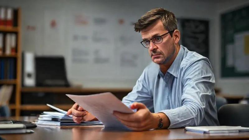 A photorealistic image of a school administrator, looking thoughtful and concerned, reviewing documents on a desk, with a blurred image of a student's social media post visible on a tablet in the background. Cinematic lighting, professional, 8K.