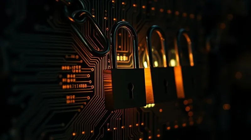 A photorealistic, professional photography shot of an intricate, glowing circuit board partially obscured by a series of digital locks and chains, symbolizing digital security and intellectual property protection. Dark, moody cinematic lighting, sharp focus on the circuit board and digital locks, depth of field blurring the background. 8K, shot on a high-end DSLR.