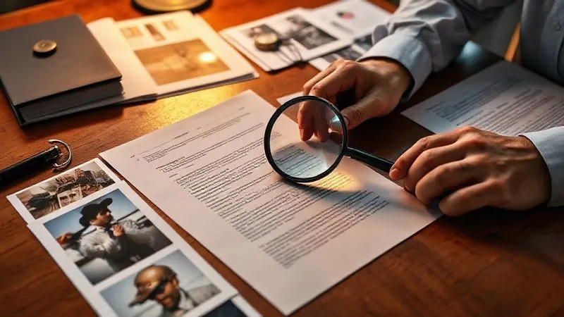 A photorealistic close-up of hands meticulously organizing various legal documents, appraisal reports, and photographs on a polished wooden table. A magnifying glass rests on one document, illuminated by warm, focused light, suggesting detailed investigation. 8K hyper-detailed, professional photography.