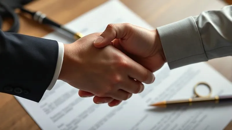 A photorealistic image of two hands shaking over a blurred backdrop of legal documents, suggesting a successful negotiation or settlement. The handshake is firm and professional, with soft, focused lighting. 8K hyper-detailed, professional photography.