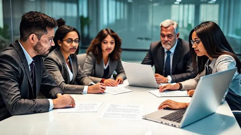 A photorealistic image of a diverse group of professionals (HR, Legal, Manager) sitting around a conference table, reviewing documents and discussing a serious matter with focused expressions. A laptop screen shows legal text or a policy document. Professional office setting, cinematic lighting, sharp focus on the group and documents, depth of field blurring the background. 8K hyper-detailed.