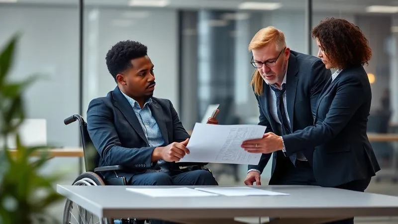 A photorealistic image of two diverse professionals, one in a wheelchair and one standing, engaged in a serious, respectful conversation in a modern office environment. They are looking at a document on a table, conveying collaboration and problem-solving. Cinematic lighting, sharp focus on their faces, depth of field blurring the background, 8K hyper-detailed.