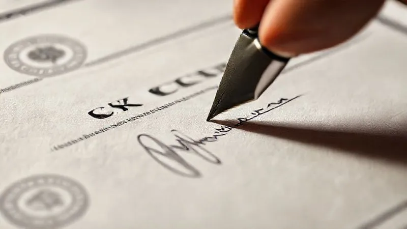A photorealistic close-up of a legal contract being signed, with a fountain pen poised over the signature line. The document has official-looking text and seals, with cinematic lighting emphasizing the texture of the paper. Sharp focus, depth of field. 8K hyper-detailed.