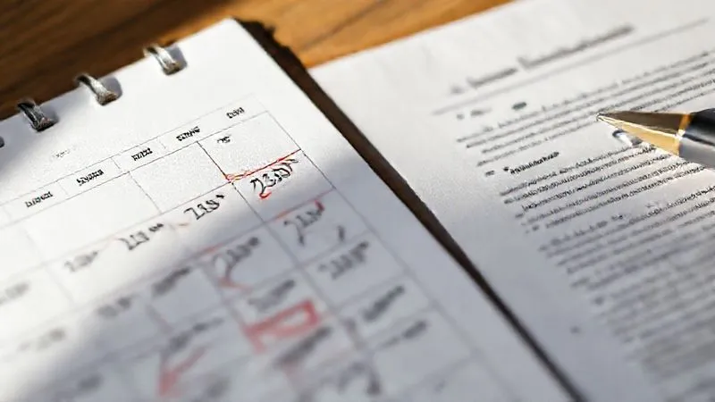 A photorealistic image of a calendar with important dates circled and notes written in the margins, next to a legal document. The scene suggests meticulous planning and ongoing review, with soft, natural light. Sharp focus, depth of field. 8K hyper-detailed.