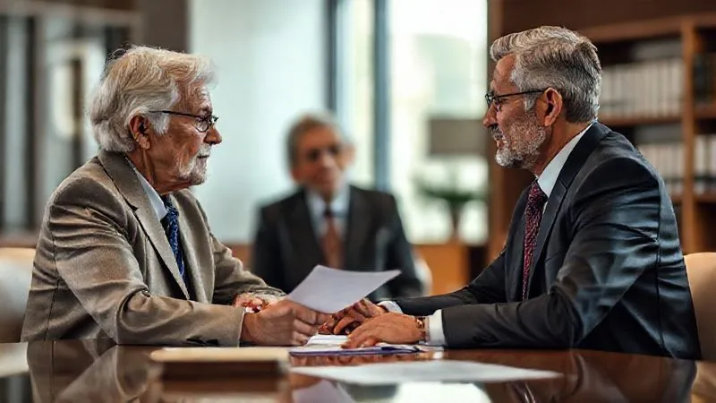 A photorealistic, professional photography shot of an elder law attorney (diverse ethnicity, 50s-60s, wearing a suit) empathetically advising an elderly client and their family member across a polished desk in a modern, well-lit law office. Legal documents are visible but blurred in the background. Cinematic lighting, sharp focus on the faces, depth of field. 8K hyper-detailed.
