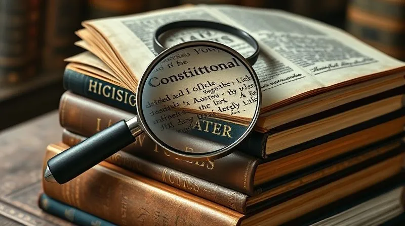 A photorealistic image of ancient legal texts and modern constitutional law books stacked together, with a magnifying glass over a key passage, cinematic lighting, sharp focus on the texts, depth of field, 8K hyper-detailed.