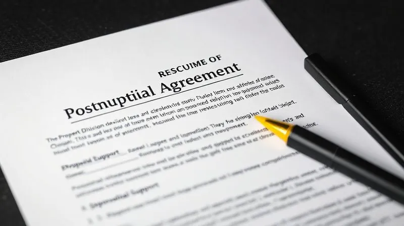 A photorealistic close-up of a legal document titled 'Postnuptial Agreement', with specific sections on 'Property Division' and 'Spousal Support' highlighted by a yellow marker. A pen rests beside the document on a dark, textured surface, professional photography, 8K, cinematic lighting, sharp focus, depth of field, shot on a high-end DSLR.