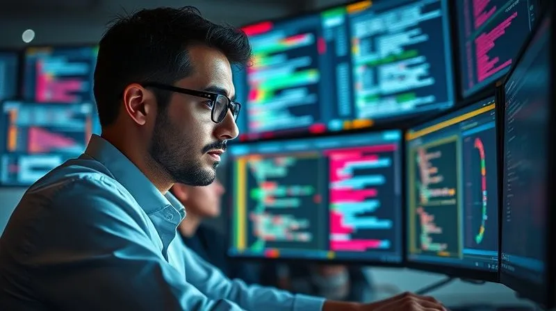 A photorealistic, professional photography shot of a data scientist working in front of multiple screens displaying complex code and data visualizations, with a focused, determined expression. The environment is modern and technically advanced. 8K, cinematic lighting, sharp focus on the individual and screens, depth of field, shot on a high-end DSLR.