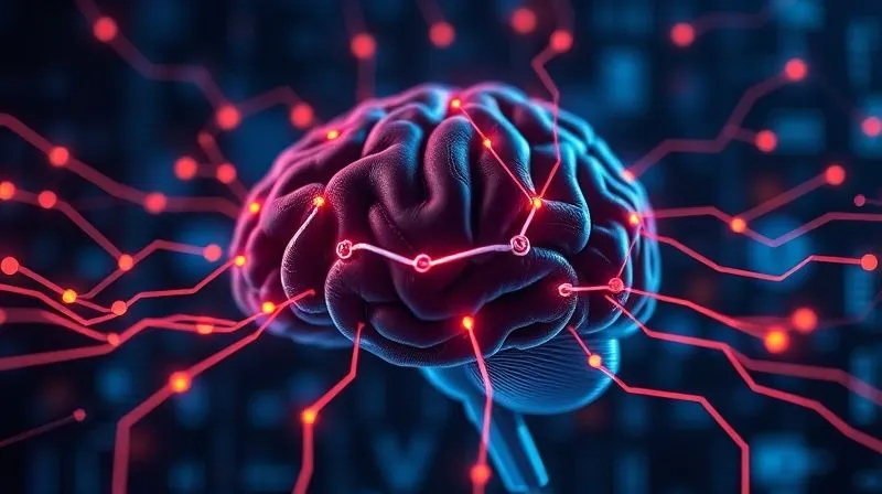 A photorealistic, professional photography image depicting glowing lines of data and algorithms flowing over a stylized brain or neural network, suggesting advanced AI processing within a secure, high-tech environment. 8K, cinematic lighting, sharp focus, depth of field, shot on a high-end DSLR.