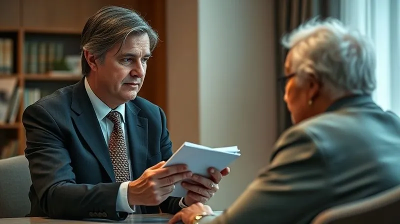 Photorealistic, professional photography, 8K, cinematic lighting, sharp focus, depth of field, shot on a high-end DSLR. A compassionate elder law attorney, mid-consultation, gently observing an elderly client who is thoughtfully considering a question. The attorney holds a notepad, suggesting an assessment, with a subtle look of focused empathy. The scene is calm, professional, and conveys careful listening and observation.