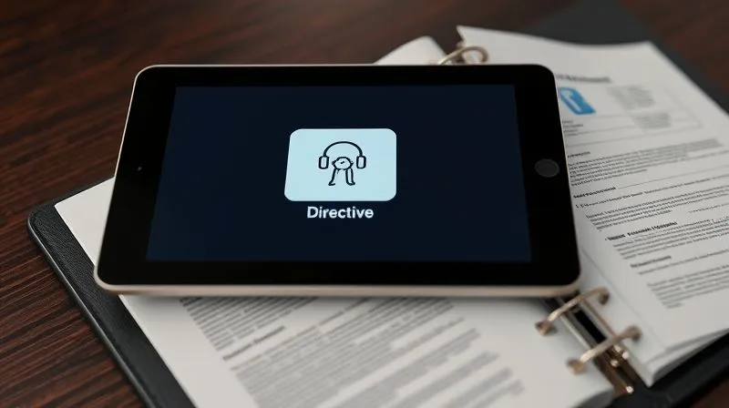Photorealistic, professional photography, 8K, cinematic lighting, sharp focus, depth of field, shot on a high-end DSLR. A secure, elegant digital tablet displaying a simplified icon of a medical directive, alongside a well-organized physical binder containing legal documents. The image conveys both modern digital accessibility and traditional secure storage, emphasizing the importance of both for critical documents.