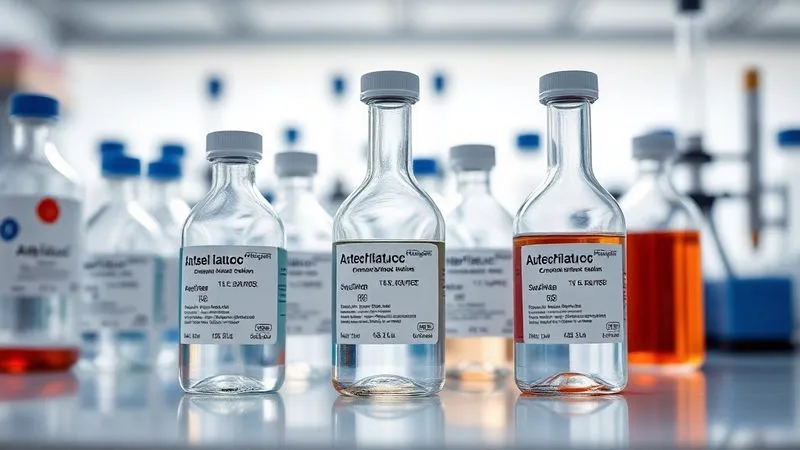 Photorealistic, professional photography, 8K, cinematic lighting, sharp focus, depth of field, shot on a high-end DSLR. A sterile laboratory setting with various clear glass bottles of certified alcohol reference solutions, precisely labeled and stored in a temperature-controlled environment, with a blurred background of scientific instruments, emphasizing precision and integrity.