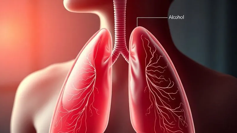 Photorealistic, professional photography, 8K, cinematic lighting, sharp focus, depth of field, shot on a high-end DSLR. A diagrammatic representation of the human respiratory system, highlighting the lungs and mouth, with subtle visual cues (e.g., faint vapor lines) distinguishing "mouth alcohol" from "deep lung alcohol" in a scientific, medical journal style, emphasizing physiological nuances.