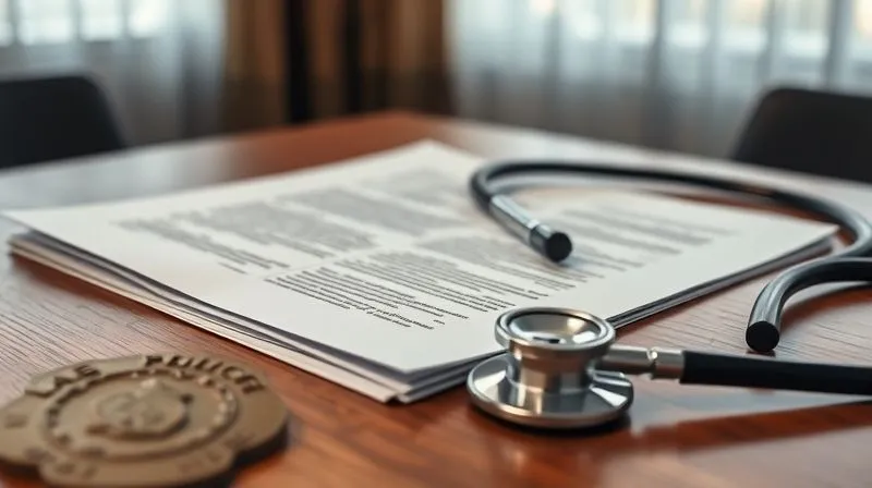 A photorealistic image of a legal brief open on a table, with a police badge and a medical stethoscope placed next to it, symbolizing expert testimony. Cinematic lighting, sharp focus on the documents, depth of field blurring the background, 8K hyper-detailed.