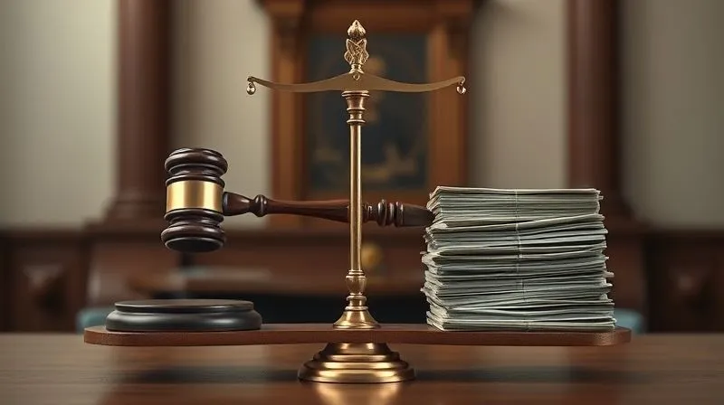 A photorealistic image of a balanced scale, with a gavel on one side and a stack of money on the other, representing the choice between trial and settlement. The background is a blurred courtroom. Cinematic lighting, sharp focus, depth of field, 8K hyper-detailed.