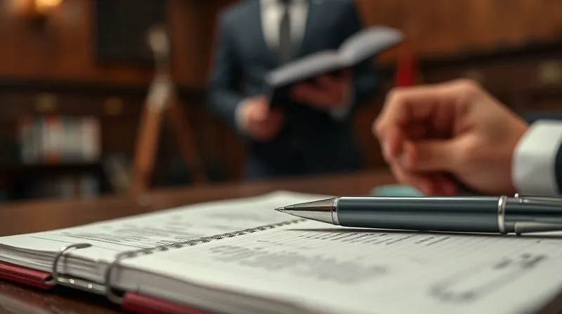 A photorealistic image of a legal pad with detailed notes and a pen, a blurred witness stand in the background, cinematic lighting, sharp focus on the notes, depth of field, shot on a high-end DSLR, conveying intense scrutiny during cross-examination.