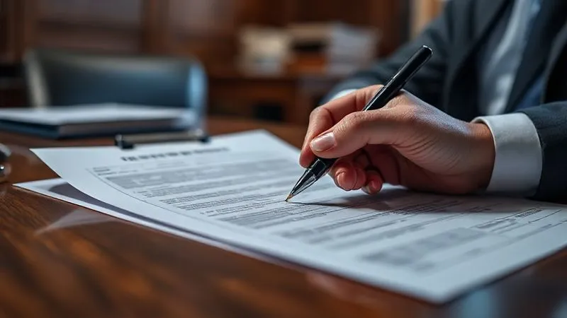 A photorealistic, professional photography, 8K image of a legal document (like a police report or accident reconstruction analysis) being highlighted with a pen, with a blurred background showing a courtroom or legal office. Cinematic lighting, sharp focus on the document, depth of field creating a soft blur, shot on a high-end DSLR. The image conveys meticulous legal review and examination of evidence.