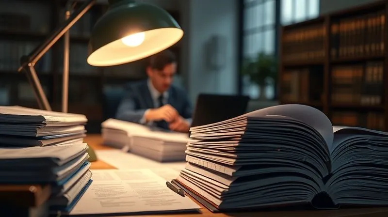 A photorealistic image of a legal professional meticulously examining stacks of discovery documents under a bright desk lamp, surrounded by open law books. The focus is on the documents, with sharp details of text and tabs, 8K, cinematic lighting, depth of field, shot on a high-end DSLR.