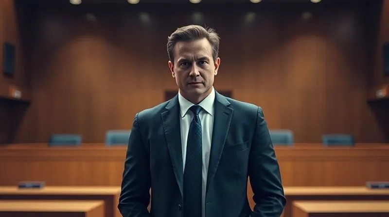 A photorealistic image of a criminal defense lawyer standing confidently in a courtroom, looking directly at the camera with a determined expression. The courtroom is modern and well-lit, with subtle blurring of the jury box and judge's bench in the background. The lawyer is dressed in a sharp suit. 8K, cinematic lighting, sharp focus on the lawyer, depth of field, shot on a high-end DSLR.