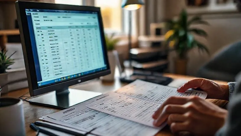 Photorealistic, professional photography, 8K, cinematic lighting, sharp focus, depth of field, shot on a high-end DSLR. A person's hands are carefully reviewing a computer screen displaying property records and a physical ledger with tax payment entries, indicating a meticulous process of cross-referencing and verification. The setting is a well-organized home office, with soft ambient light, conveying diligence and financial responsibility.