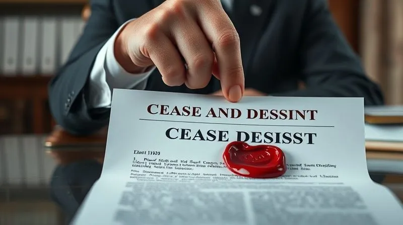 photorealistic, professional photography, 8K, cinematic lighting, sharp focus, depth of field, shot on a high-end DSLR, a formal legal document with a prominent 'CEASE AND DESIST' header, partially obscured by a hand firmly placing a red wax seal on it. The background is a blurred, stately law office environment.