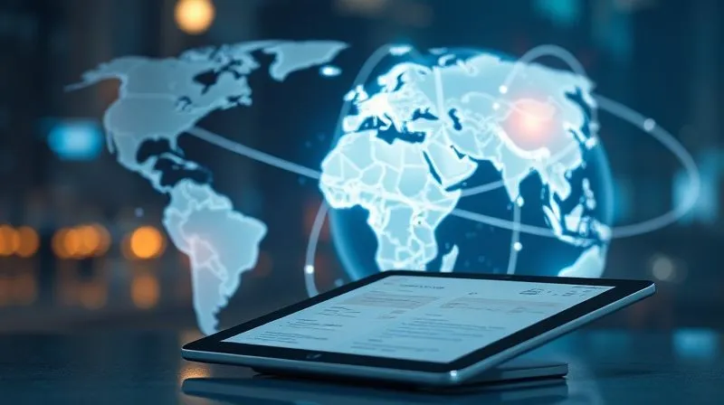 photorealistic, professional photography, 8K, cinematic lighting, sharp focus, depth of field, shot on a high-end DSLR, a holographic globe spinning slowly, overlaid with glowing lines connecting different continents, symbolizing international intellectual property protection and enforcement. In the foreground, a modern tablet displays patent documents.