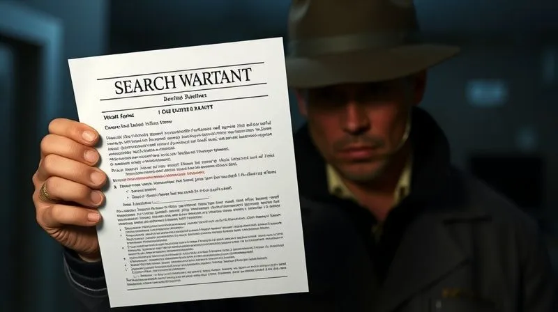 A photorealistic image of a detective holding up a meticulously detailed search warrant, with a blurred background of a dimly lit room, emphasizing the legal authority and precision required for lawful searches. Cinematic lighting, professional photography, 8K, sharp focus on the warrant.