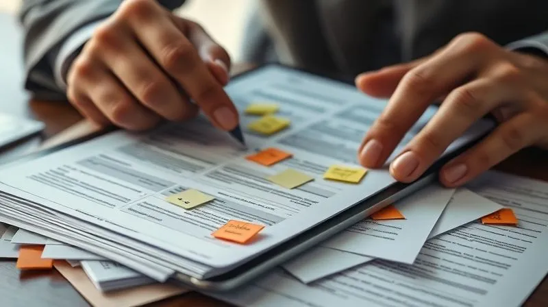 A photorealistic close-up of hands meticulously reviewing a stack of legal documents and digital evidence on a tablet, with sticky notes and highlighters, emphasizing the detailed and careful process of evidence review for a legal defense. Cinematic lighting, professional photography, 8K, sharp focus.
