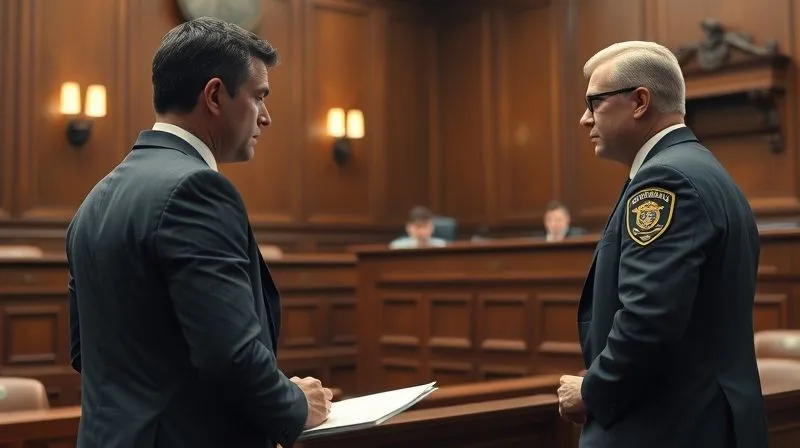 Photorealistic image of a tense courtroom scene during a suppression hearing. A criminal defense attorney, sharply dressed, is cross-examining a police officer on the witness stand. The judge listens intently from the bench. Cinematic lighting, sharp focus on the attorney and witness, depth of field blurring the background, 8K hyper-detailed, shot on a high-end DSLR. Professional photography, conveying legal drama and the pursuit of justice.
