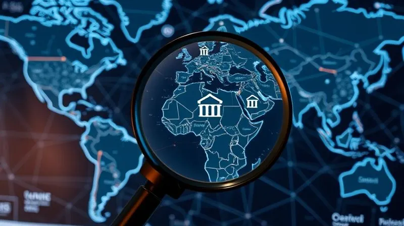 A photorealistic, professional photography, 8K image of a complex global financial map, with intricate lines connecting different continents and cities, symbolizing international asset flows. A magnifying glass hovers over a specific region, highlighting bank symbols and property icons. Cinematic lighting, sharp focus on the magnified area and the map details, depth of field blurring the background, shot on a high-end DSLR, conveying the detailed and global nature of asset tracing.