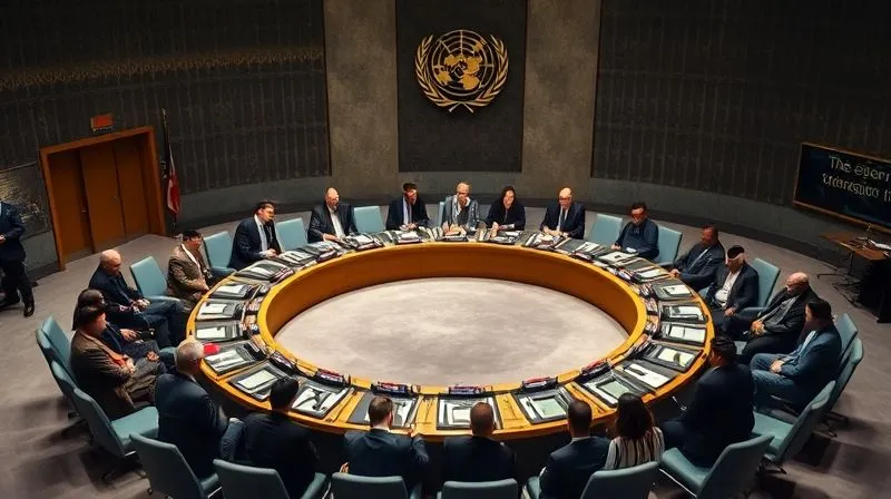 A photorealistic, professional photography image of the United Nations Security Council chamber during a tense debate, with delegates from various nations looking serious and determined. The iconic circular table is prominent, with subtle dramatic lighting, sharp focus on the central activity, depth of field blurring the background, 8K hyper-detailed, shot on a high-end DSLR.
