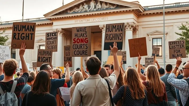 A photorealistic, professional photography image of a diverse group of people holding up signs with human rights symbols and slogans, peacefully protesting outside a prominent international court building. The scene is lit by late afternoon sun, creating long shadows, sharp focus on the determined faces and signs, depth of field blurring the background architecture, 8K hyper-detailed, shot on a high-end DSLR.