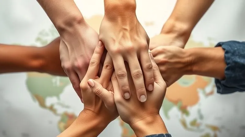A photorealistic, professional photography image of hands from diverse individuals, representing different nations and cultures, clasped together in a firm, unified grip over a stylized world map. The lighting is bright and hopeful, sharp focus on the hands, depth of field blurring the map, 8K hyper-detailed, shot on a high-end DSLR, symbolizing international cooperation and solidarity in upholding justice.