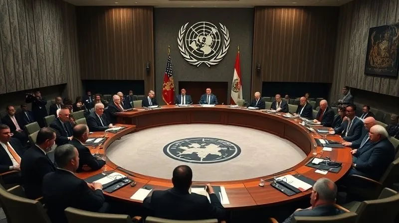 A photorealistic, professional photography, 8K, cinematic lighting, sharp focus, depth of field, shot on a high-end DSLR, showing a tense meeting of the UN Security Council, with delegates in formal attire, flags of nations, and the large Security Council emblem visible. The atmosphere is serious, conveying the weight of international decisions.