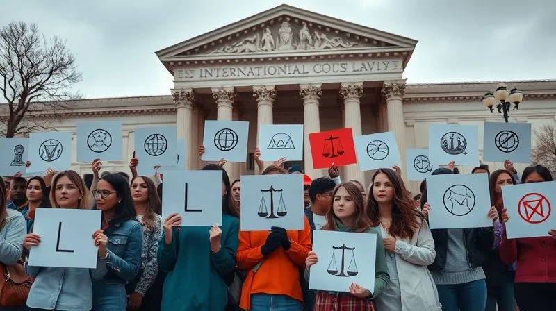 A photorealistic, professional photography, 8K, cinematic lighting, sharp focus, depth of field, shot on a high-end DSLR, depicting a diverse group of people holding signs with simplified international law symbols, gathered peacefully in front of a majestic international courthouse. The image conveys a sense of collective voice and advocacy for justice, with a clear focus on human agency and global solidarity.