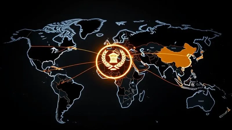 A photorealistic, professional photography, 8K, cinematic lighting, sharp focus, depth of field, shot on a high-end DSLR of a stylized world map, with bright lines connecting countries that are signatories to the New York Convention, emanating from a central glowing symbol representing an arbitral award, symbolizing global enforcement pathways.