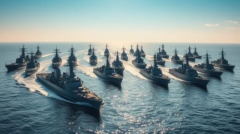 photorealistic, professional photography, 8K, cinematic lighting, sharp focus, depth of field, shot on a high-end DSLR, a majestic formation of diverse international naval warships, including destroyers and frigates, cutting through calm, sunlit international waters, powerful and unified, conveying strength, cooperation, and readiness for collective defense.