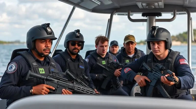 photorealistic, professional photography, 8K, cinematic lighting, sharp focus, depth of field, shot on a high-end DSLR, a group of diverse maritime law enforcement officers from different nations undergoing advanced tactical training on a patrol boat, focused and determined, with a more experienced instructor guiding them, set against a backdrop of a calm, tropical coastline, symbolizing international cooperation and skill development.