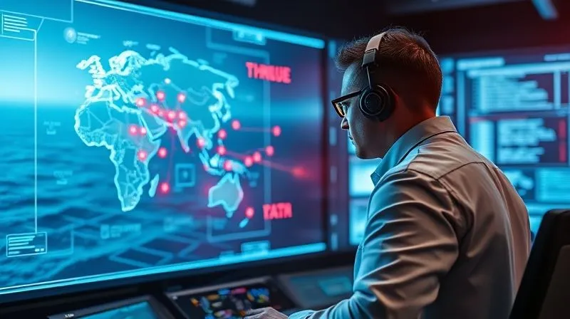 photorealistic, professional photography, 8K, cinematic lighting, sharp focus, depth of field, shot on a high-end DSLR, a futuristic command center with a large transparent display showing a 3D holographic projection of the ocean, highlighting secure data pathways and identifying cyber threats as glowing red nodes, a cyber security expert intently monitoring the system, conveying advanced technological defense against unseen digital dangers.