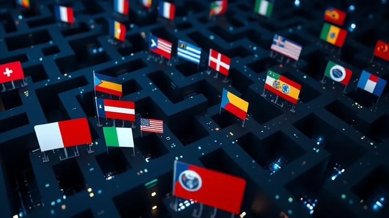 Photorealistic, professional photography, 8K, cinematic lighting, sharp focus, depth of field. A complex 3D digital maze, with various national flags attempting to navigate or control specific pathways, illustrating the intricate and often conflicting jurisdictional challenges of applying national laws to the global internet. The maze walls are composed of glowing data streams, and the flags appear to be at different points of entry and control, some meeting dead ends.