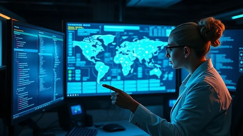 Photorealistic, professional photography, 8K, cinematic lighting, sharp focus, depth of field. A high-tech digital forensic lab setup, with multiple screens displaying complex code, network diagrams, and encrypted data streams. Two focused experts, one male and one female, are collaborating, pointing at a holographic projection of interconnected global servers. The atmosphere is intense and analytical, with blue and green light emanating from the screens, highlighting their faces.
