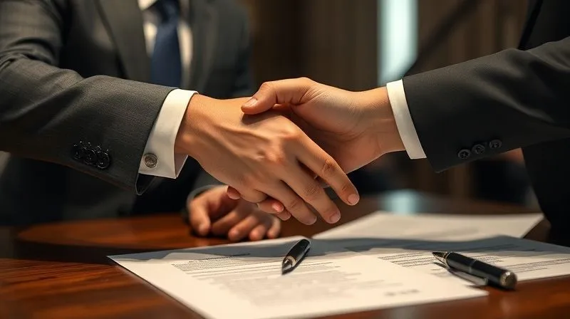 photorealistic, professional photography, 8K, cinematic lighting, sharp focus, depth of field, shot on a high-end DSLR, two business professionals shaking hands over a contract, one person subtly looking away with a mischievous glint, symbolizing the signing of an NDA/NCA but with underlying potential for breach, a pen on the table, legal documents scattered, a sense of hidden intentions.