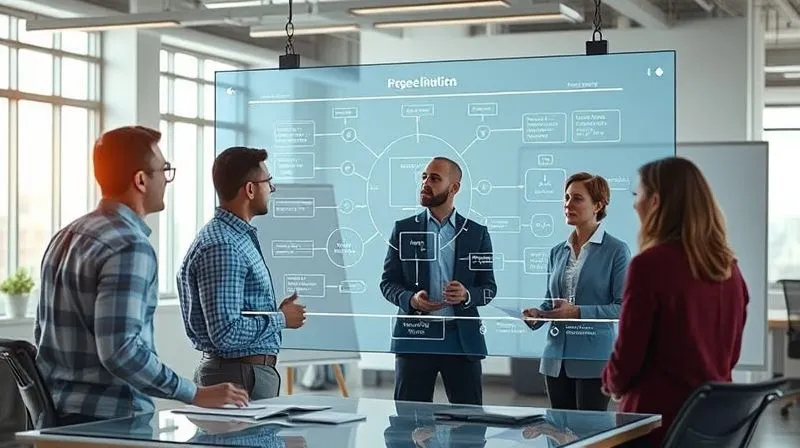 photorealistic, professional photography, 8K, cinematic lighting, sharp focus, depth of field, shot on a high-end DSLR, a business team in a modern, collaborative office space, gathered around a large transparent screen displaying a complex data flow diagram, symbolizing strategic intellectual property planning and enhanced security, a sense of thoughtful collaboration and forward-thinking, a whiteboard with ideas, sunlight streaming through windows.