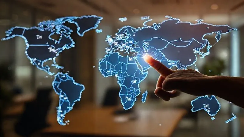 A photorealistic, professional photography, 8K, cinematic lighting, sharp focus, depth of field, shot on a high-end DSLR, of a detailed world map with glowing lines connecting key global cities, overlaid with multiple 'TM' symbols indicating strategic trademark registration points. The map should appear as a sophisticated digital projection, with a hand (ethnic ambiguity) subtly pointing to an emerging market region. The background is a modern, clean office environment. A photorealistic, professional photography, 8K, cinematic lighting, sharp focus, depth of field, shot on a high-end DSLR, of a detailed world map with glowing lines connecting key global cities, overlaid with multiple 'TM' symbols indicating strategic trademark registration points. The map should appear as a sophisticated digital projection, with a hand (ethnic ambiguity) subtly pointing to an emerging market region. The background is a modern, clean office environment.
