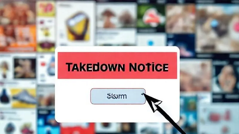 A photorealistic, professional photography, 8K, cinematic lighting, sharp focus, depth of field, shot on a high-end DSLR, of a digital interface displaying a 'Takedown Notice' pop-up with a clear 'Submit' button. The background shows blurred images of various e-commerce product listings and social media feeds, representing the vast online landscape. A focused cursor hovers over the submit button, symbolizing decisive action. A photorealistic, professional photography, 8K, cinematic lighting, sharp focus, depth of field, shot on a high-end DSLR, of a digital interface displaying a 'Takedown Notice' pop-up with a clear 'Submit' button. The background shows blurred images of various e-commerce product listings and social media feeds, representing the vast online landscape. A focused cursor hovers over the submit button, symbolizing decisive action.