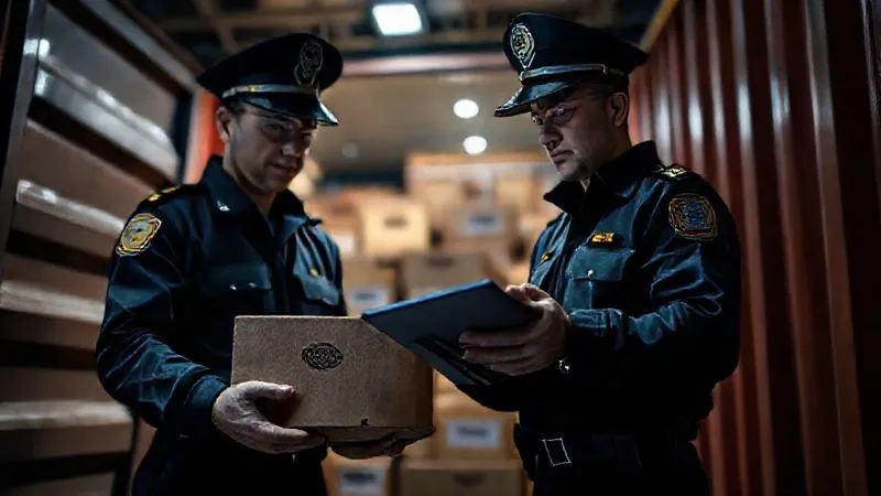 A photorealistic, professional photography, 8K, cinematic lighting, sharp focus, depth of field, shot on a high-end DSLR, of customs officers in uniform examining a shipping container's contents, with a focus on branded boxes being carefully inspected. A digital tablet shows a manifest or trademark registration details. The scene should convey vigilance and security at an international port or cargo facility, with dramatic, low-key lighting. A photorealistic, professional photography, 8K, cinematic lighting, sharp focus, depth of field, shot on a high-end DSLR, of customs officers in uniform examining a shipping container's contents, with a focus on branded boxes being carefully inspected. A digital tablet shows a manifest or trademark registration details. The scene should convey vigilance and security at an international port or cargo facility, with dramatic, low-key lighting.